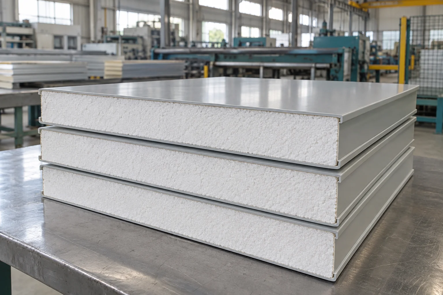 Steel-faced EPS insulation panels showing flat fused polystyrene cores