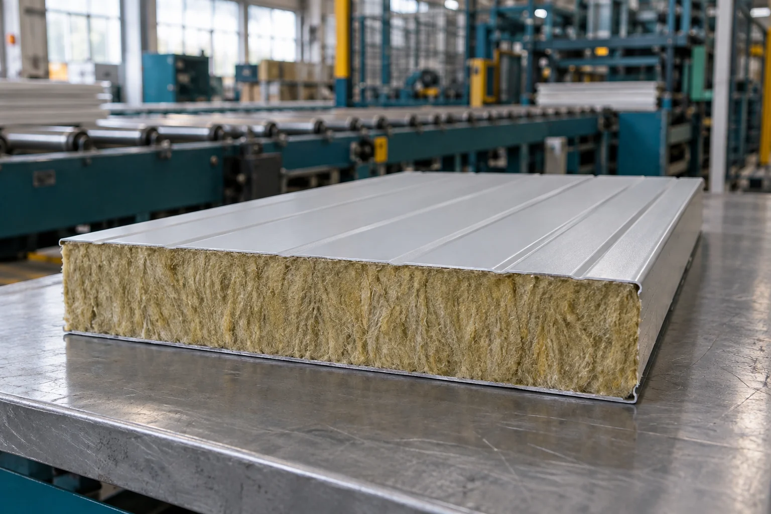 Bonded steel skins and the fibrous mineral-wool core of an insulation panel