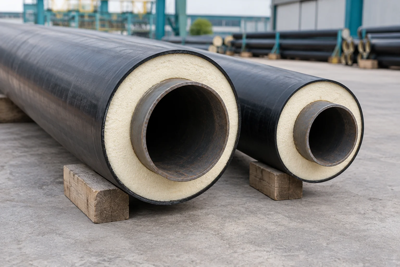 Pre-insulated pipes showing steel carrier tubes, polyurethane insulation and outer casings