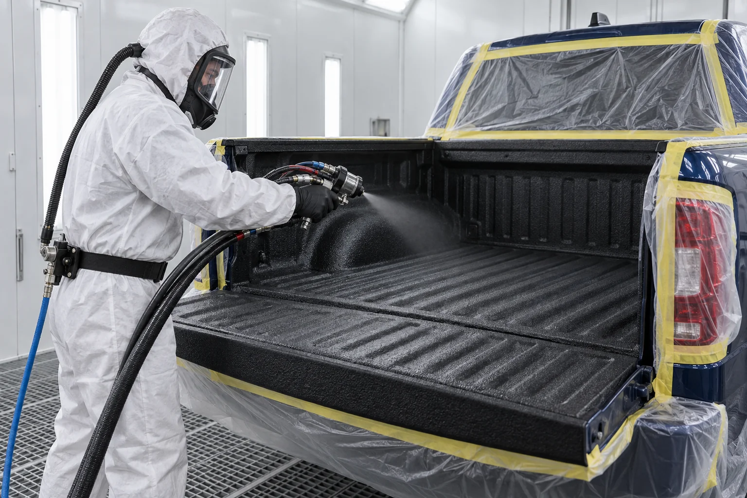 Professional spray application of a protective polyurea coating inside a masked truck bed