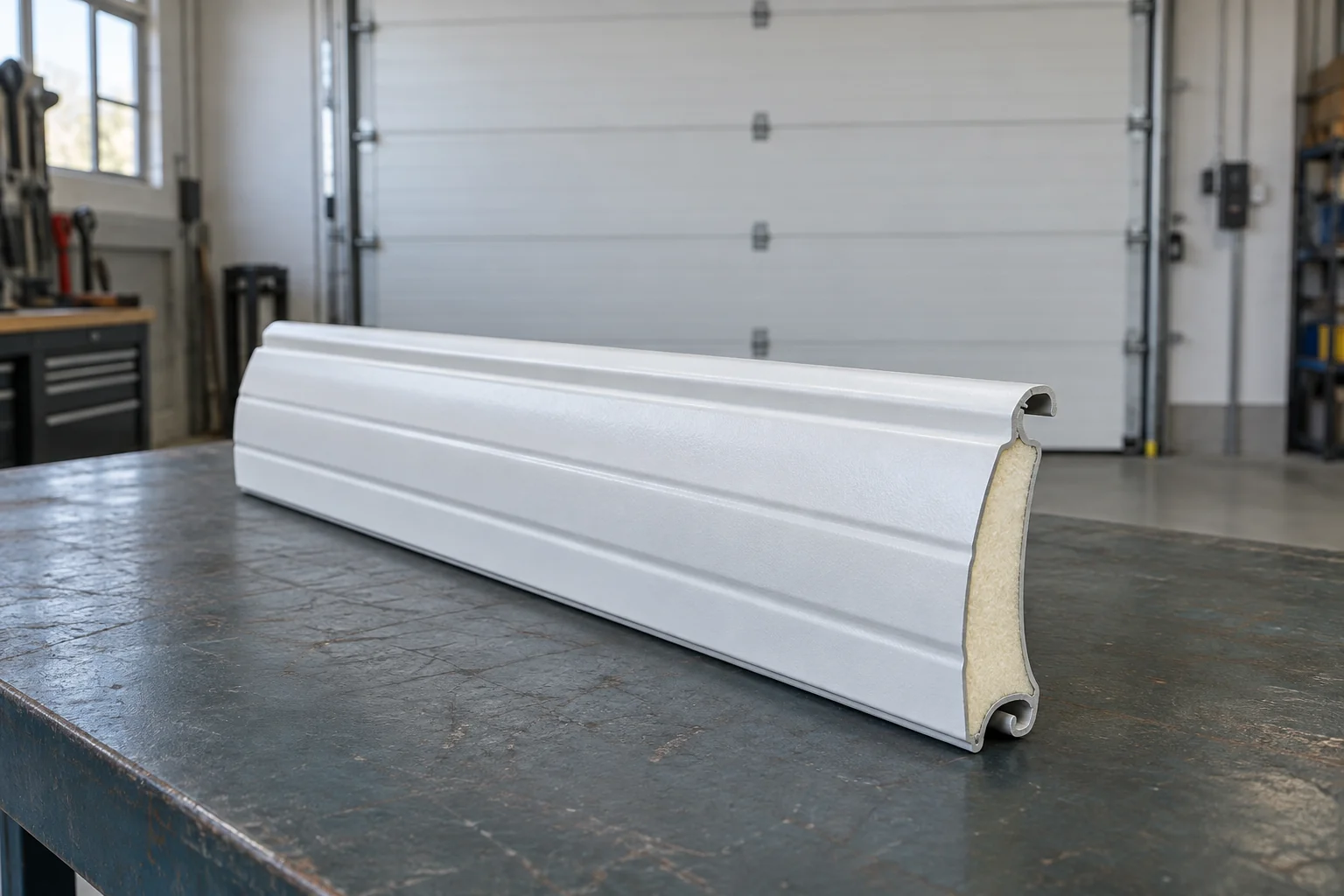 An insulated shutter profile with a polyurethane core in front of a sectional garage door