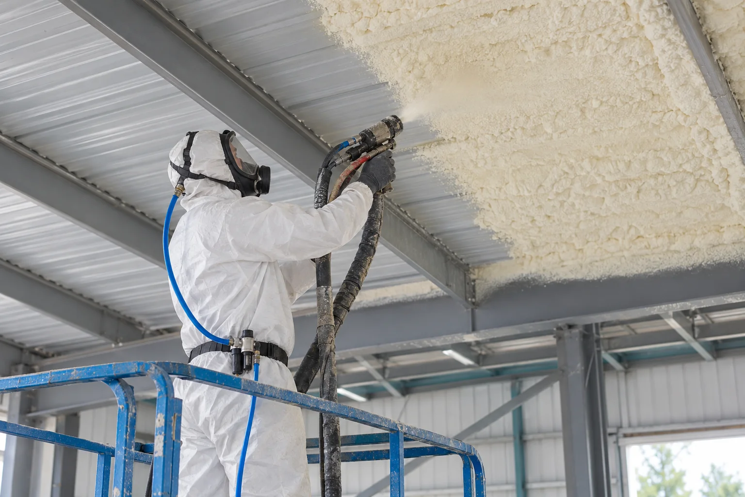 Protected installer applying polyurethane spray insulation to a workshop roof